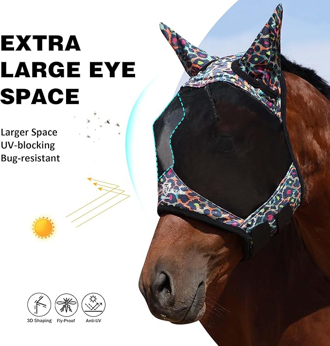 Harrison Howard Pro LumiVista Horse Half Face Fly Mask Large Eye Space with Ears UV Protection for Horse Iridescent Prints M