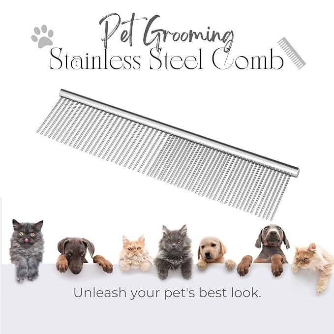 Flexzion Grooming Comb for Dogs – Stainless Steel Professional Cat Comb and Animal Tool for Removing Tangles and Knots on Medium Pets with Smooth Needle Teeth – 45mm, 1 Large