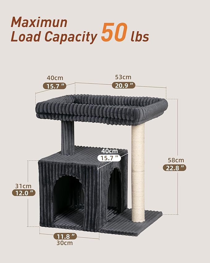 Cat Tree for Large Cat, 22.8” Cat Tower with Scratching Post, 20.9 * 15.7in Perch Bed for Adult Cats, Cat Condo with 2 Caves for Indoor Cats, Dark Gray