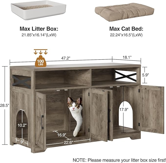 Cat Litter Box Enclosure for 2 Cats, 47" Hidden Litter Box Furniture Cat Washroom with Double Large Room, Farmhouse Indoor Litter Box Cabinet TV Stand, Grey
