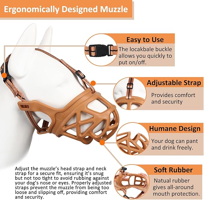 BARKLESS Dog Muzzle, Basket Muzzle for Biting, Chewing and Scavenging, Humane Cage Mouth Cover, Perfect for Grooming and Training Small Aggressive Reactive Dogs (S, Brown)