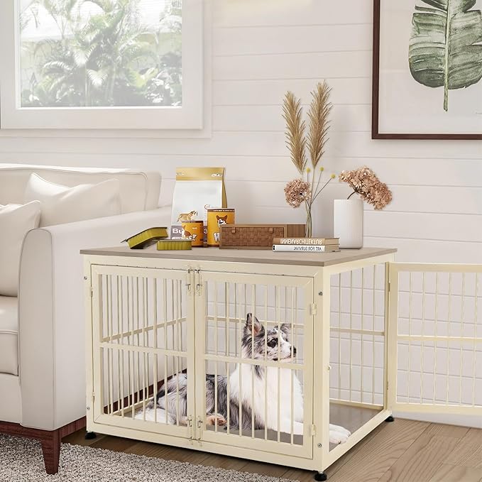 40 Inch Dog Crate Furniture for Large Medium Dogs, Wooden Heavy Duty Dog Kennel with Double Doors, Decorative Pet House Dog Cage Side End Table Indoor, Pet Cage Dog House, Beige