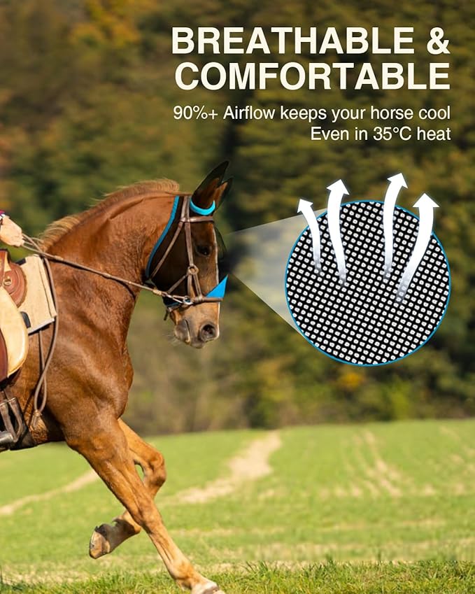 Hilltown Adjustable Fly Mask for Horse with Ears - UV-Block, Large Eye Space, Breathable, Built to Last, Comfort Fit - Horse Fly Mask for Daily Stable, Hot Weather Riding & Competition - X-Full, Blue