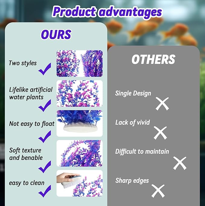 kathson Pack of 2 Extra Large Aquarium Plants,23 Inches Tall Aquarium Plants Plastic Artificial Green Water Plants Bendable Tall Fish Tank Plant Decorations for Freshwater and Saltwater (Purple)