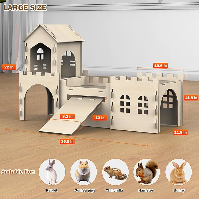 Large Bunny House and Hideouts, Wooden Dual-Layer Rabbit Castle with Stair, Rubber Band-Free Setup - Chew-Proof, Sturdy Habitat for Guinea Pig Chinchilla Ferret (Rabbit House)