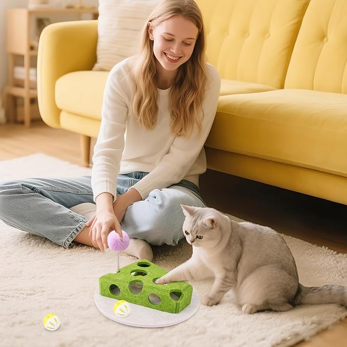 Interactive Cat Puzzle Toy for Indoor Cats & Kittens - Fun Track Balls & Spring Teaser in Stimulating Felt Puzzle Box (Green) - Mental Enrichment Game