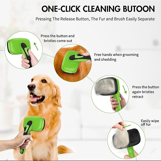 Dog Brush Kit - Self-Cleaning Slicker Brush with Bath Brush & Undercoat Rake | Deshedding Tools for Large - Small Dogs & Cats, Professional 3-in-1 Pet Grooming Set for Heavy Shedding, Green