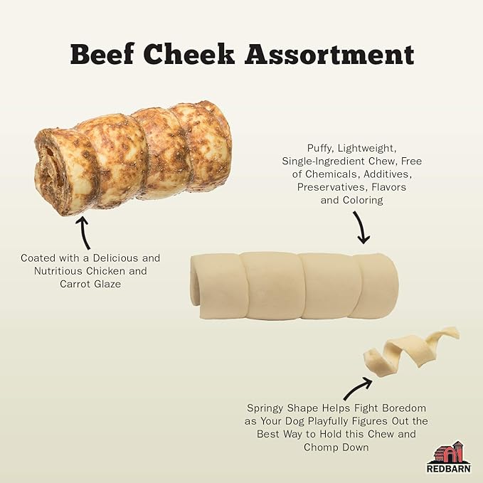 Redbarn Pet Products All-Natural Beef Cheek Rolls for Dogs, Grain-Free Cow Cheeks, Naturally Rich in Collagen, Available in Chicken & Carrot Glaze or Uncoated (Original, Small/Medium (Pack of 25))