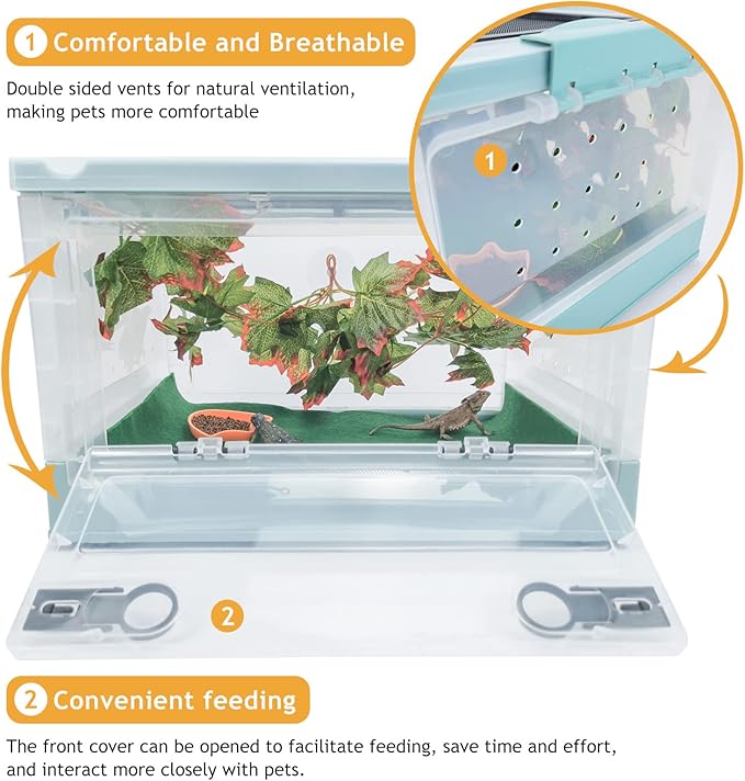 Travel Portable Foldable Terrarium Kits for Reptiles -Heat-Resistant Material, Easy to Move with Wheels, Includes Plant, Feeding Bowl, and Carpet for Snakes, Lizards, Tortoises, and Leopard
