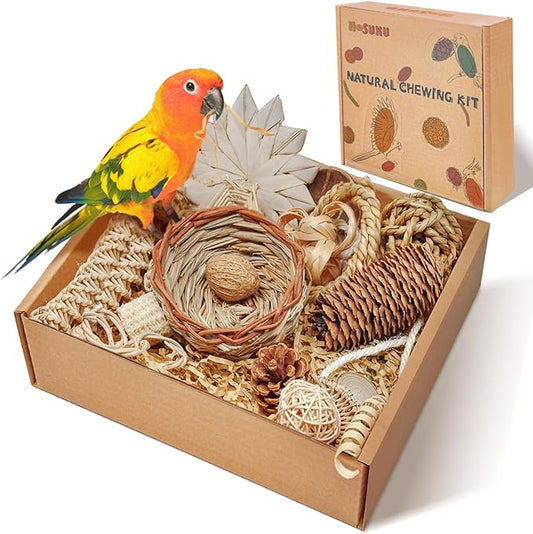 Natural Bird Foraging & Shredding Toys Box - Handmade Rattan Chewing Toys for Parakeets, Cockatiels, Conures, Lovebirds & Small to Medium Birds