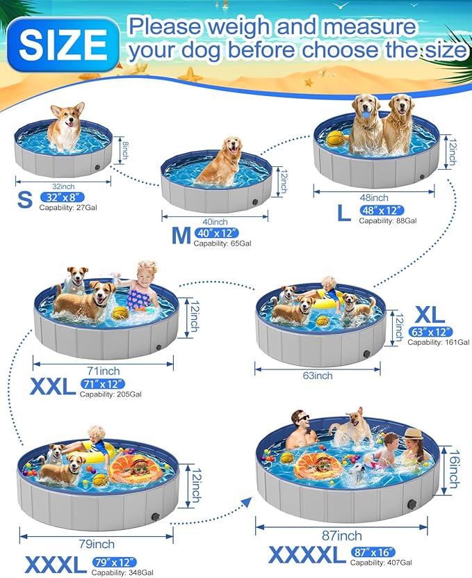 Dog Pool for Large Dogs, Foldable Plastic Pool for Dogs Slip-Resistant (XL - 79'' x 16'')
