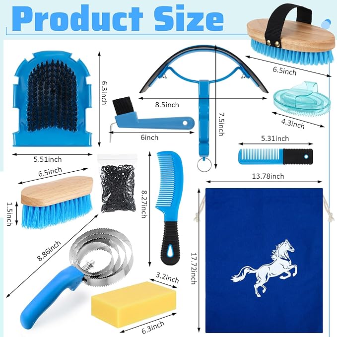 Abbylike 12 Pieces Horse Grooming Kit Racing Festival Tack Room Supplies Horse Brush Sets Equine Care Cleaning Kit Shedding Grooming Massaging Tools(Blue)