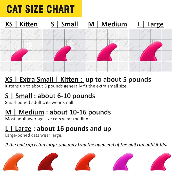 zetpo 100 pcs Cat Nail Caps | Cat Claw Covers | with Adhesives and Applicators (S, Orange, Red, Neon Red, Bright Pink, Rose)