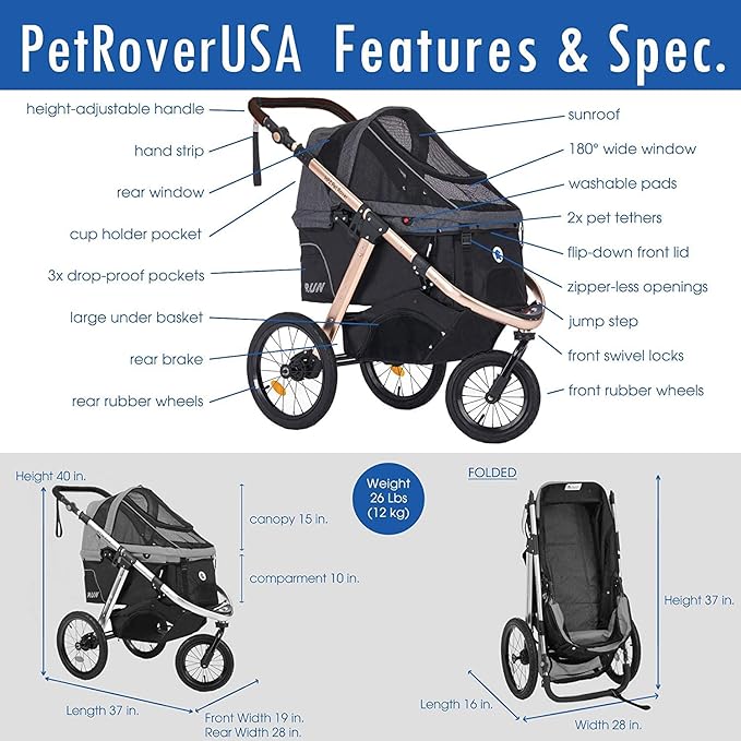 Run Performance Jogging Sports Stroller with Comfort Rubber Wheels/Zipper-Less Entry/1-Hand Quick Fold/Aluminum Frame for Small/Medium Dogs, Cats and Pets (Black)