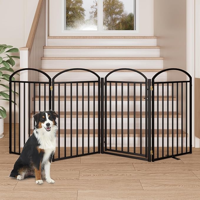 4 Panles Full Matel Freestanding Dog Gates with Door, 96"Extra Wide 36"Tall Free Standing Dog Pet Gate for Indoor & Outdoor. Foldable Pet Fences for Doorways, House, Stairs, Porch, Deck, Yard