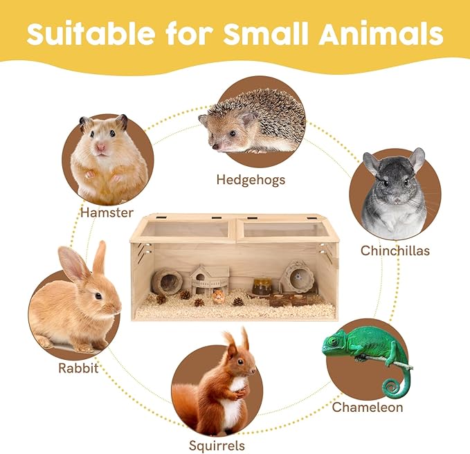 Snowtaros Wooden Hamster Cage, Large Hamster Cages and Habitats Chewproof, with 2 Openable Acrylic Top, Small Animal Cage for Mouse Gerbil Quail Dwarf Syrian Hamsters (31.5" L*15.7" W*15.7" H)