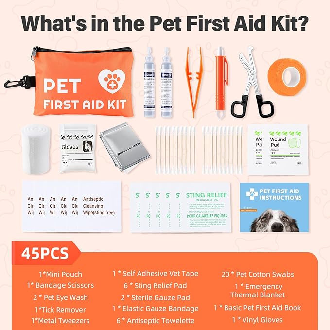Portable Dog First Aid Kit with Hook - Water Resistant Pouch for Hiking, Camping, Daily Family Use, Travel, Pet Safety, Thoughtful Gift for Pet Owners (45pcs Standard Version)