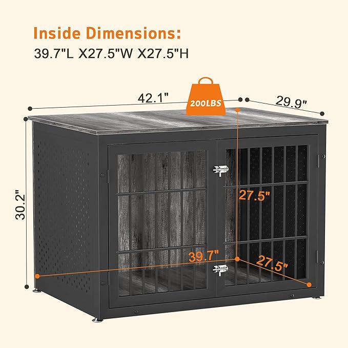 42" Heavy Duty Dog Crate Furniture for Large and Medium Dogs, Enclosed Design Wooden Metal Kennel, Pet Cage Furniture Indoor, Decorative Dog Kennel, End Table