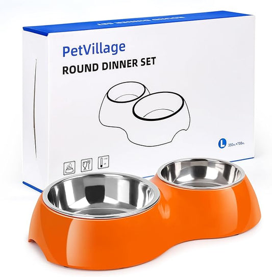 Elevated Dog Bowls Set - Non-Slip Raised Pet Feeder with Medium (10 oz) & Large (20 oz) Stainless Steel Bowls - Includes Durable Resin Stand for Puppies, Adult Dogs & Cats - Orange