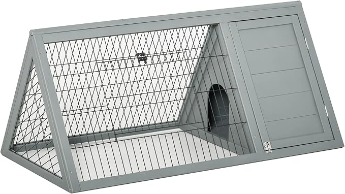 PawHut 46" x 24" Wooden A-Frame Outdoor Rabbit Hutch, Small Animal Cage, Bunny Hutch with Outside Run & Ventilating Wire, Gray