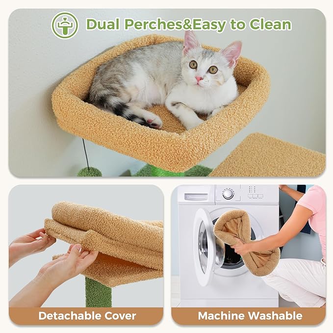 PAWZ Road Cat Tree, 53.5 Inches Tall Cat Tower with Spacious Hammocks, Condos and Scratching Posts, Cat House with Dual Padded Perches for Indoor Large Cats-Green