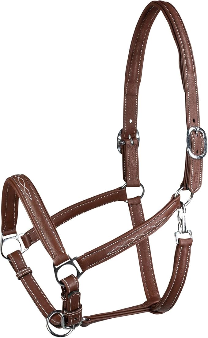 HORZE Warren Soft Adjustable Genuine Leather Horse Halter | Stainless Steel Hardware - Light Brown - Warmblood