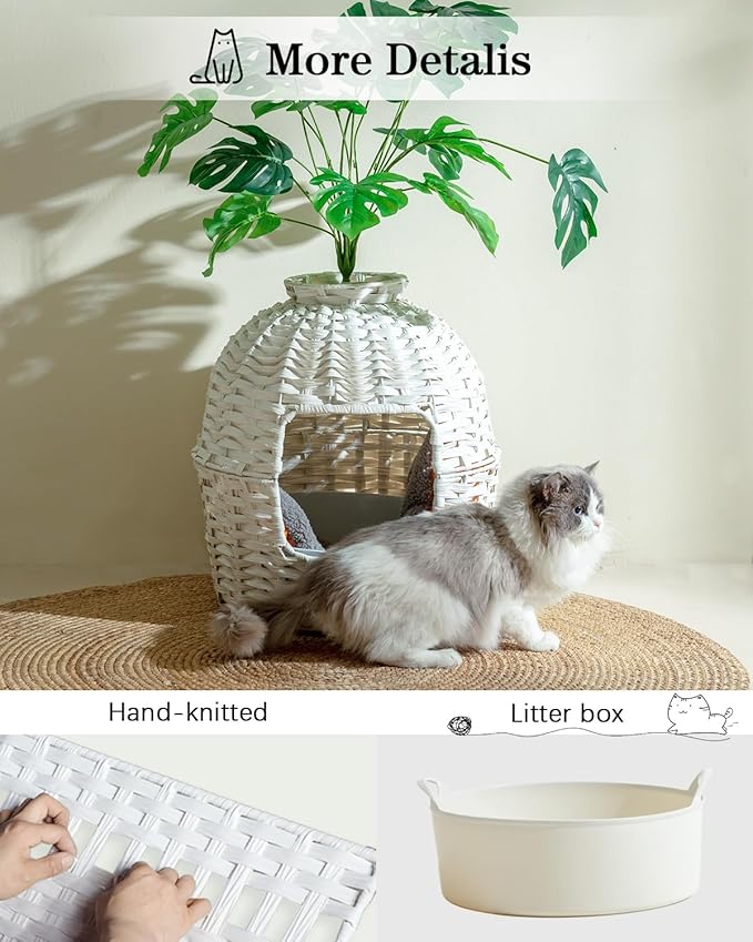 Cat Litter Box Plant Enclosure, Hidden Handwoven Rattan with Cat Litter Box Furniture and Artificial Plants, Odor Control Filter, Real Stones in Living Room, Bedroom, Corner (White)