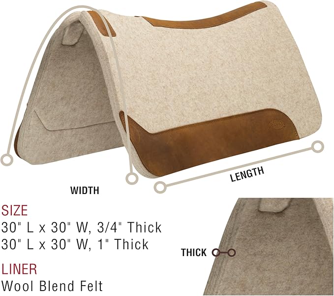 Weaver Equine 30" x 30" Contoured Wool Blend Felt Horse Saddle Pad, Shock Absorbing Western Saddle Pad for Protection, Durable Equine Supplies, Tan