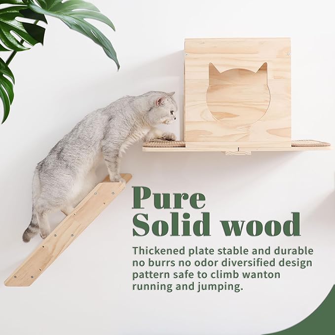 KVIDA Cat Wall Shelves Set – 5PCS Extra-Large Wall Mounted Cat Furniture with 2 Platforms, Sisal Scratching Post & Cat House – Solid Wood Climbing Wall for Large Indoor Cats