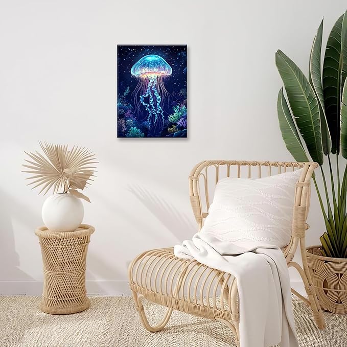 Ocean Jellyfish Wall Art Canvas Coral Fish Wall Decor Prints Framed Painting Underwater Pictures Gifts Artwork for Bathroom Living Dining 12"x16"