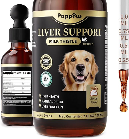 Milk Thistle for Dogs – 9-in-1 Liver and Kidney Support Drops with Artichoke, Resveratrol, Marigold Extract, 100% Natural Detox Supplement for Liver Function, Split Dropper, Chicken Flavor, 2Oz