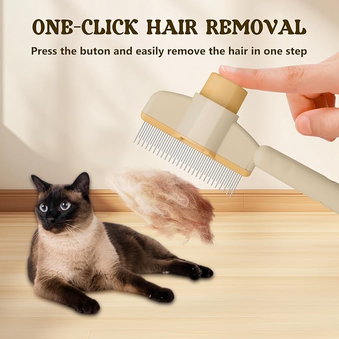 Pet Hair Removal Comb Flea Comb, 2025 New Cat Grooming Brush with Release Button, De-Shedding Cat Brush for Short and Long Hair Cats (Yellow+Green)