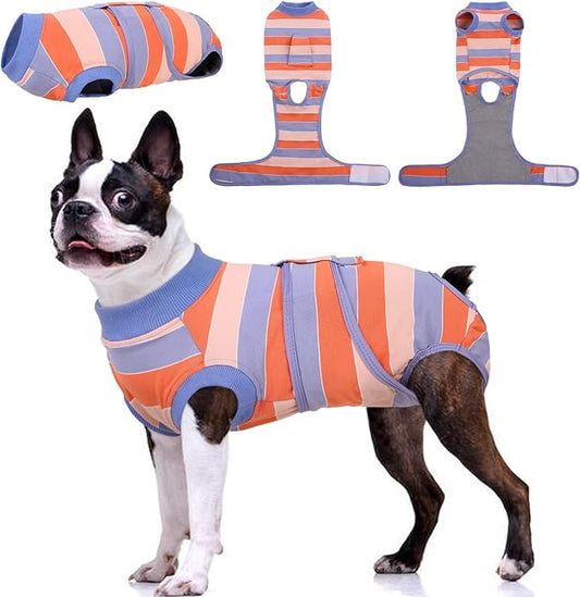Kuoser Dog Surgery Recovery Suit for Female Male Dogs, Stripes Spay Neuter Anti-Licking Dog Onesie, Abdominal Wounds Surgical Suit Snugly Pet Collar Alternative Post Surgery Vest Bodysuit, Orange L