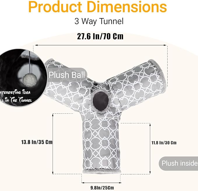 LUCKITTY Geometric 3 Way Cat Tunnel with Plush Inside,Cats Toys Collapsible Tunnel Tube with Balls, for Rabbits, Kittens, Ferrets,Puppy and Dogs