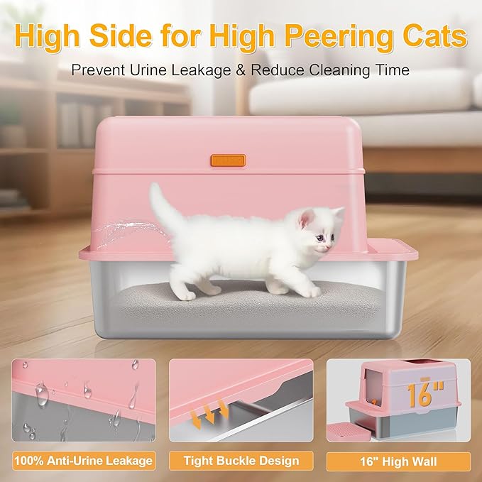 Stainless Steel Litter Box with Lid, 20L Metal Enclosed Litter Box for Big Cat, Flip-Top Design with Anti-Leakage High Sides, Large Cat Lovers Gifts (#2 Pink)