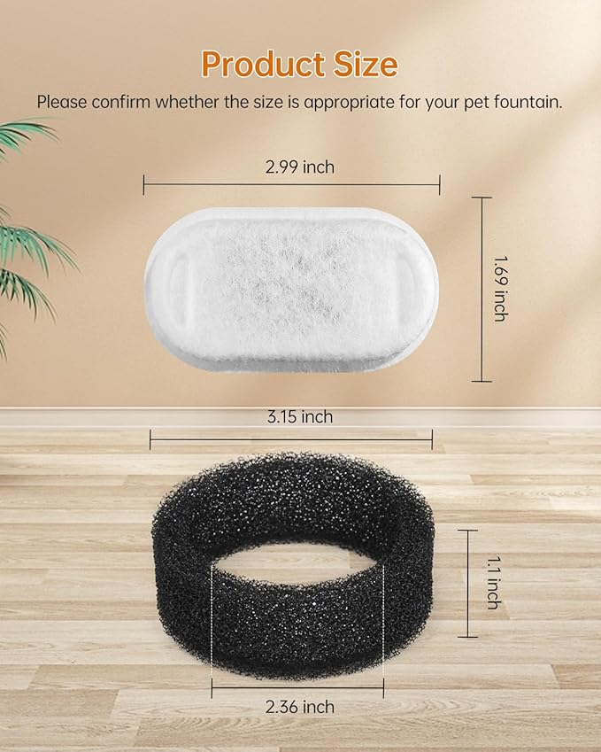 Cat Water Fountain Filter, Filters Replacement for 108Oz/3.2L&67Oz/2L&135Oz/4L Stainless Steel Pet Water Drinking Fountain, Dog Indoor Water Dispenser Fountain Carbon Filter, 12 Filters & 12 Sponges