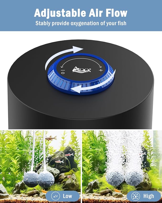AQQA Aquarium Air Pump, Quiet Powerful Fish Tank Air Pump 3W/6W/10W with Stainless Steel Dual Outlet, Adjustable Oxygen Aerator Pump with Air Stone Bubbler for Fish Tank Up to 200 Gallon 10W (Tubby)