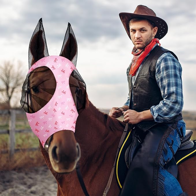 Chunful 6 Pcs Horse Fly Masks with Ears Smooth and Comfortable Cashel Mesh Fly Mask Elasticity Breathability UV Protection Horse Face Covering for Riding Supplies(Pink Bow,Large)