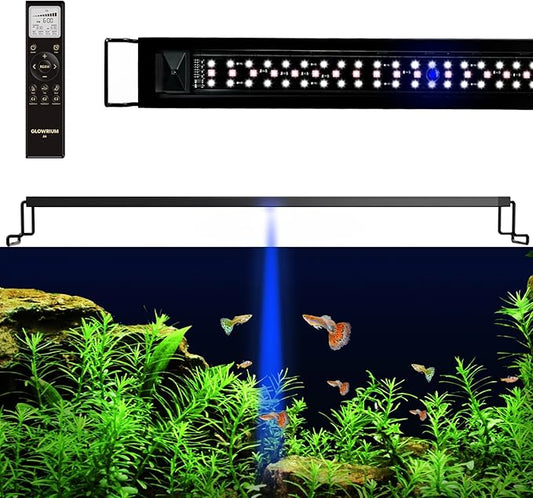GLOWRIUM LED Aquarium Light with Remote, Full Spectrum Fish Tank Light with Auto Timer, IP67 Waterproof Freshwater Planted Tank Light, Dimmable RGB+W+Moon LEDs with High Performance (12W 18-23inch)