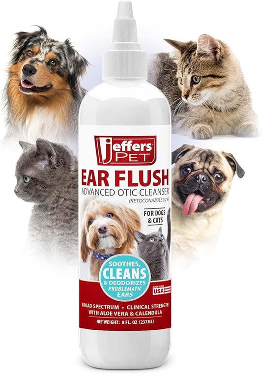 Jeffers Pet Ear Flush for Dogs & Cats – Gentle Otic Wash with Aloe & Calendula – Supports Routine Grooming & Ear Cleansing – Easy to Use Ear Wash Solution – 8 oz Bottle