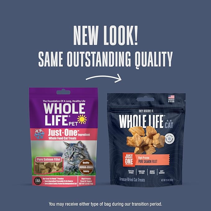 Whole Life Cat Just One Salmon Freeze Dried Cat Treats - Human Grade High Protein Food, Healthy Training Snacks, Freeze Dried Salmon Food Toppers, USA Made Natural Treats - 7.5 oz (Pack of 1)