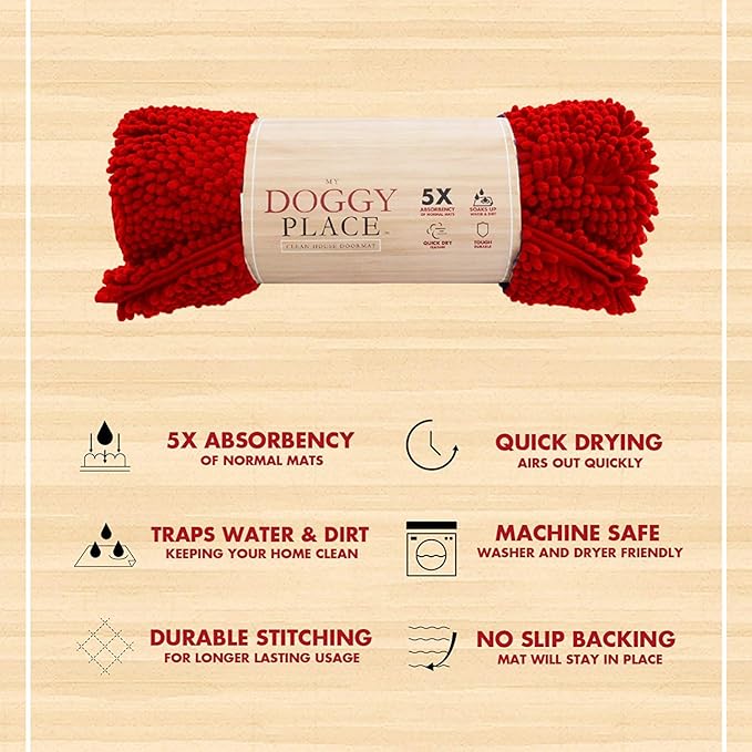 My Doggy Place Microfiber Dog Mat for Muddy Paws, 36" x 26" Red - Absorbent and Quick-Drying Dog Paw Cleaning Mat, Washer and Dryer Safe - Non-Slip Rubber Backed Dog Floor Mat, Large