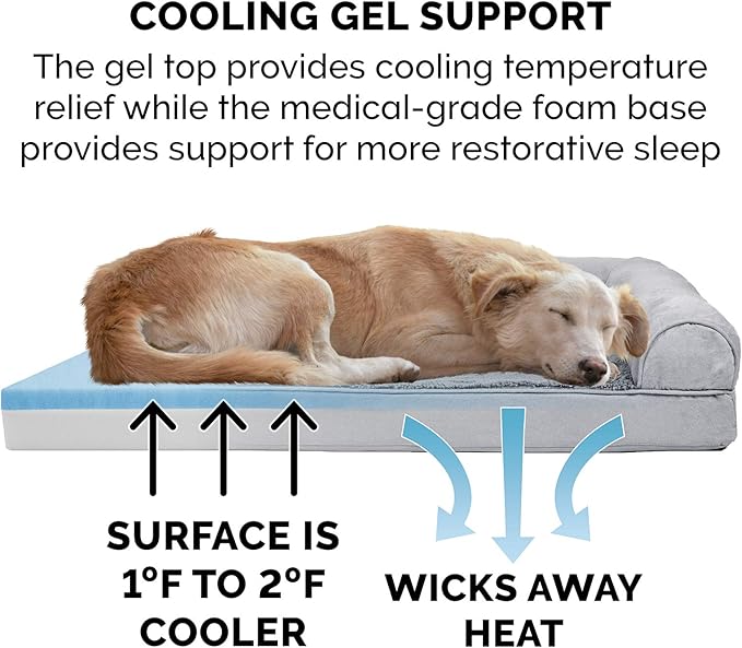 Furhaven Cooling Gel Dog Bed for Large/Medium Dogs w/ Removable Bolsters & Washable Cover, For Dogs Up to 55 lbs - Plush & Suede Sofa - Gray, Large
