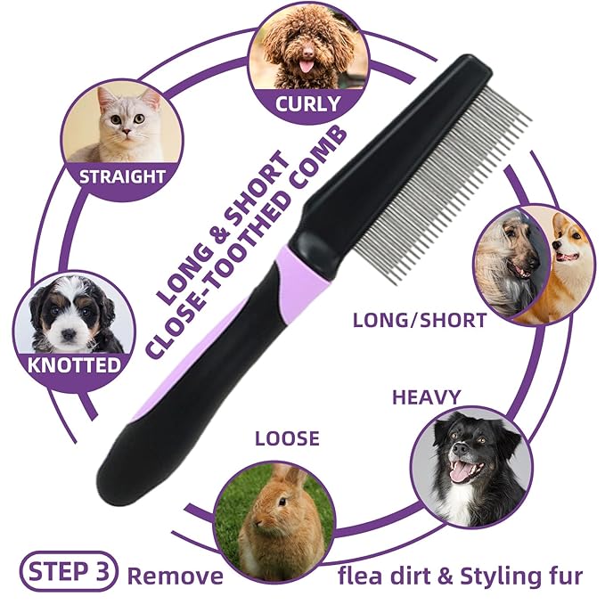 Dog Brush for Shedding, 7 PCS Dog Grooming Brush Kit Including Undercoat Rake, Slicker Brush, Dematting Comb, Nail Clipper, Bath Brush for Long & Short Haired Dogs, Cats - Purple