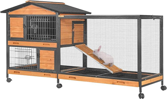 GUTINNEEN Rabbit Hutch with Chew-Resistant Metal Frame Indoor Bunny Cage Outdoor Rabbit Cage with Wheels and Leakproof Tray