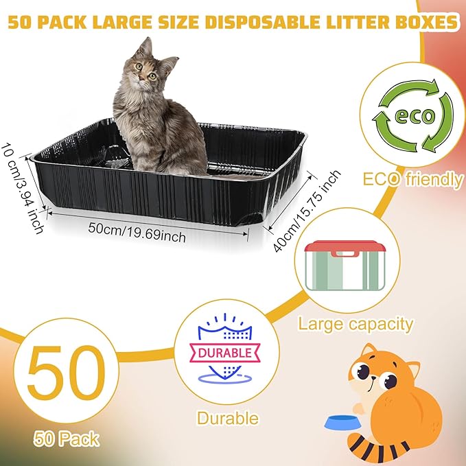 Zubebe 50 Pack Disposable Cat Litter Box for Cats, Large Disposable Kitty Litter Tray Boxes 19.69 x 15.75 x 3.94 Inches Plastic Pets Pan Standard for Indoor Home Travel Portable(Black)