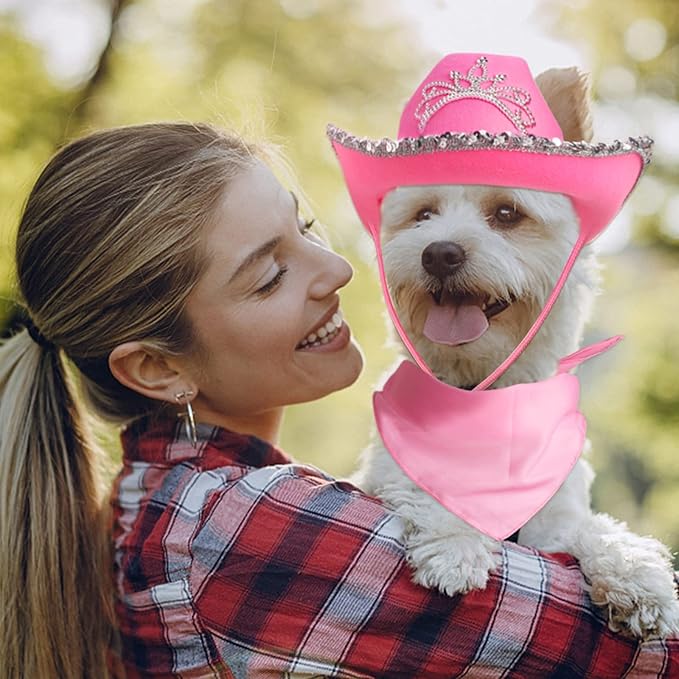Yewong Pet Pink Cowboy Hat Costume Accessory Set Dog Cat Size Pink Cowgirl Princess Hat with Crown Tiara Bandana/Scarf for Cat Puppy Western Costume Daily Wearing Photo Props (Set C)