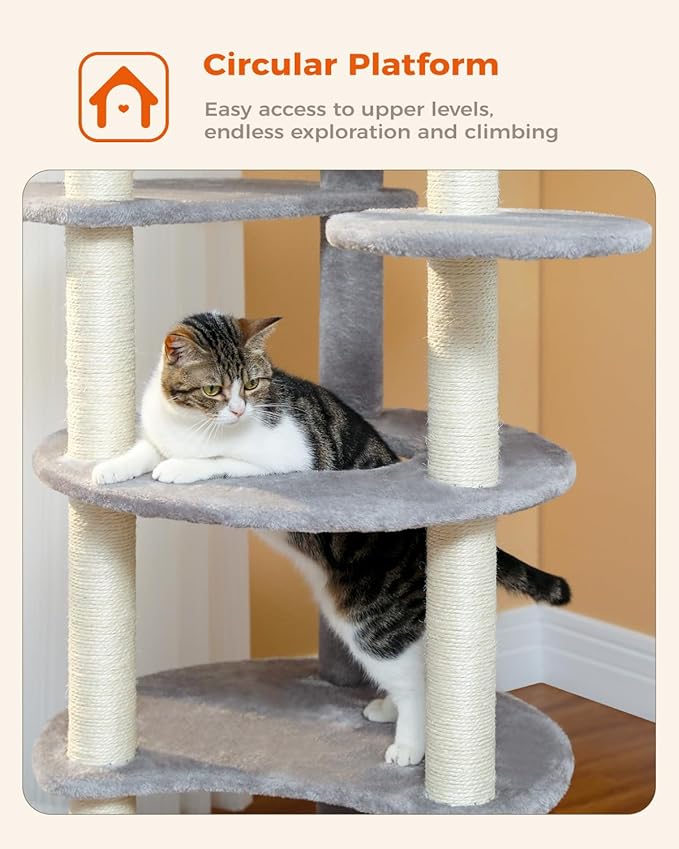 PETEPELA 61" Cat Tree for Indoor Cats, [6-Levels] Cat Climbing Tower with 9 Sisal Scratching Posts and Replaceable Dangling Ball &Top Perch, Grey