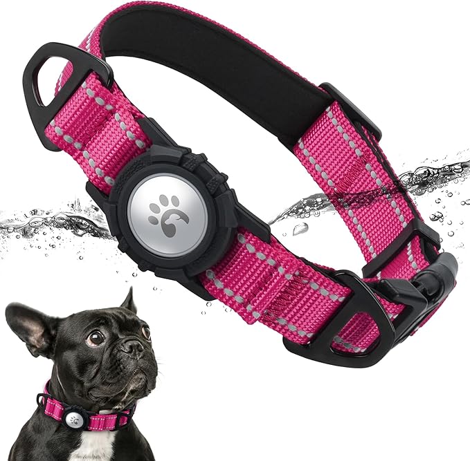 TagME Airtag Dog Collar,Waterproof Reflective Pet Collar with Airtag Holder,Soft Padded and Double D-Rings for Puppy,Hot Pink