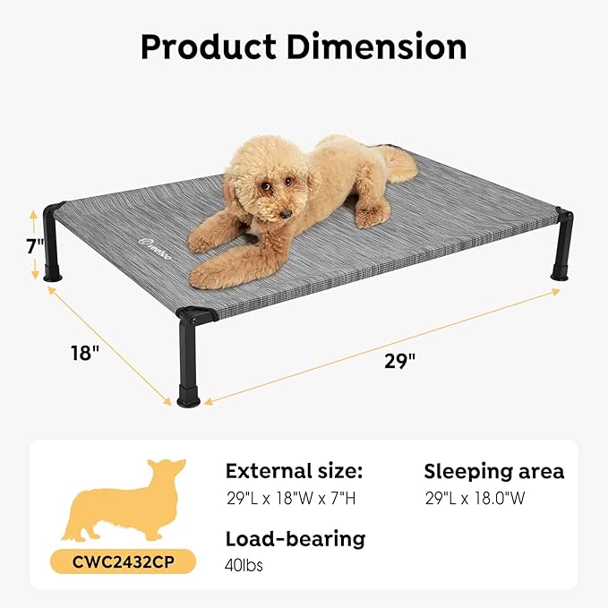 Veehoo Heavy Duty Elevated Dog Bed - Raised Dog Cot with Washable & Breathable Teslin Mesh, Non-Slip Silicon Feet, Cooling for Indoor or Outdoor, 29" x 18", Black Silver